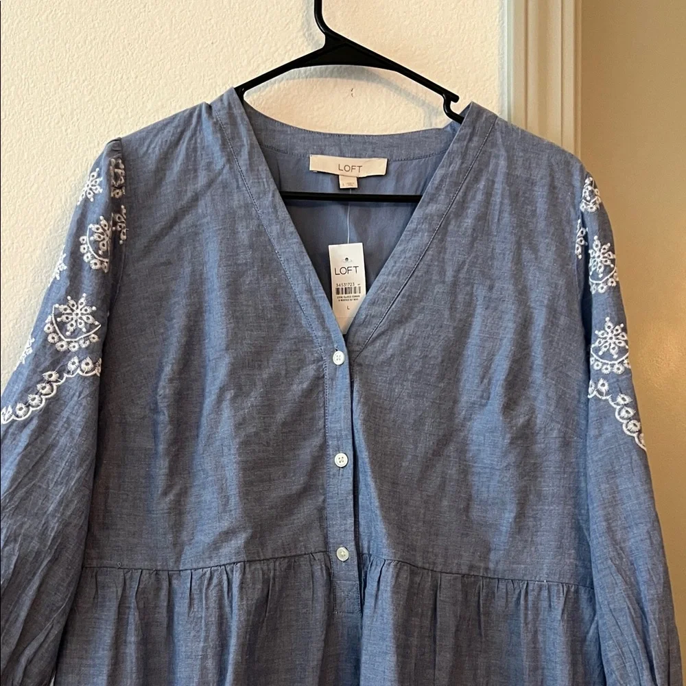 LOFT Blue Dress with White Embroidery - Picture 6 of 8